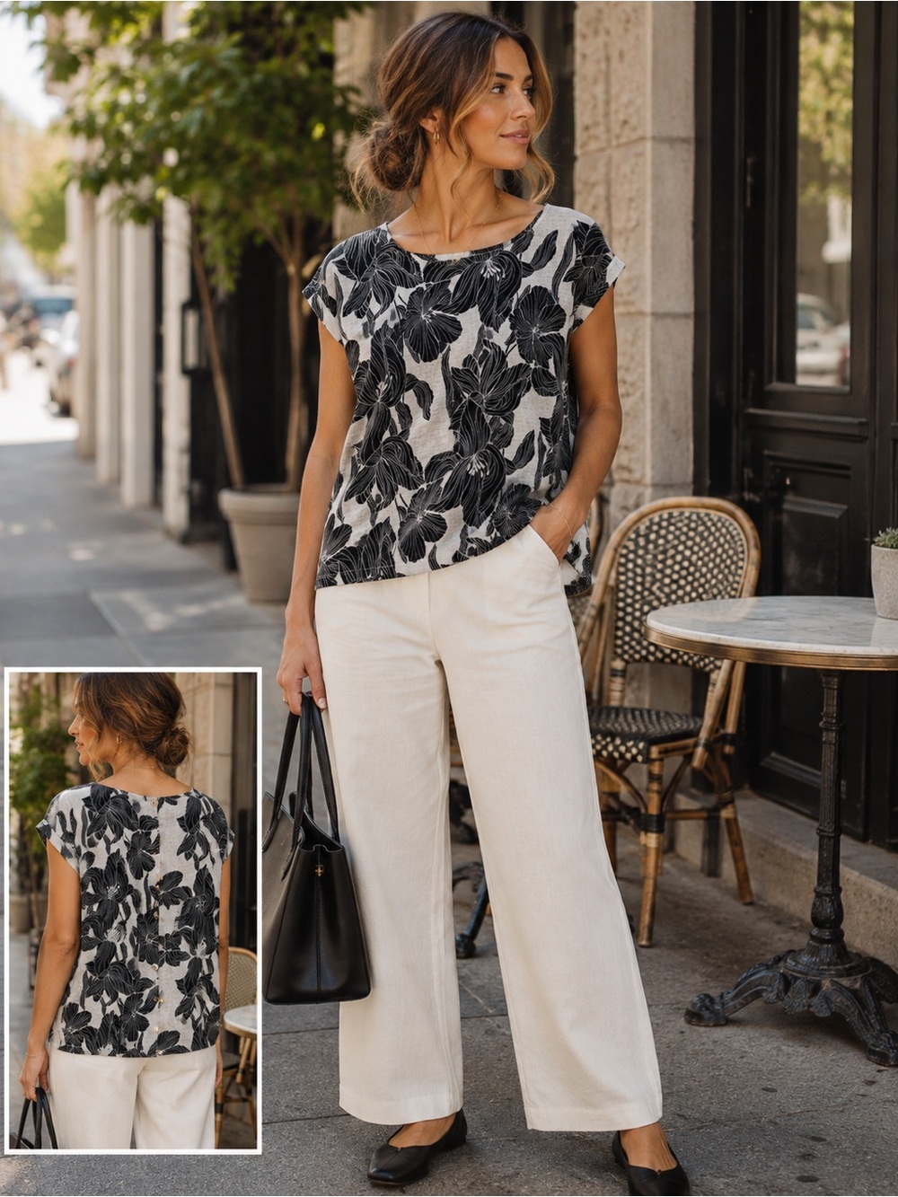 Tahari 100% Linen Black Floral Print Top Medium Button Back Coastal